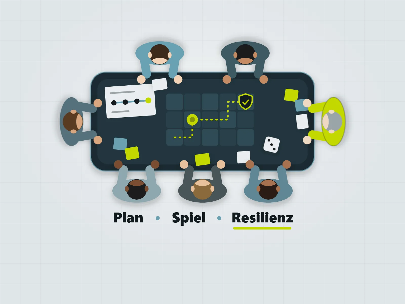 Planspiel: Menschen an einem Spieltisch mit Zeitplan, Spielbrett und Schutzschild als Ziel